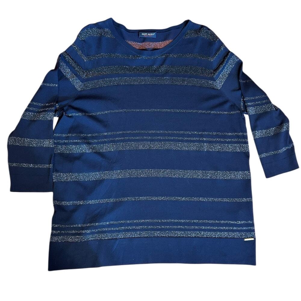 SAINT JAMES Glitter Navy Blue Grey Striped Long Sleeve Sweater Women's Size 14